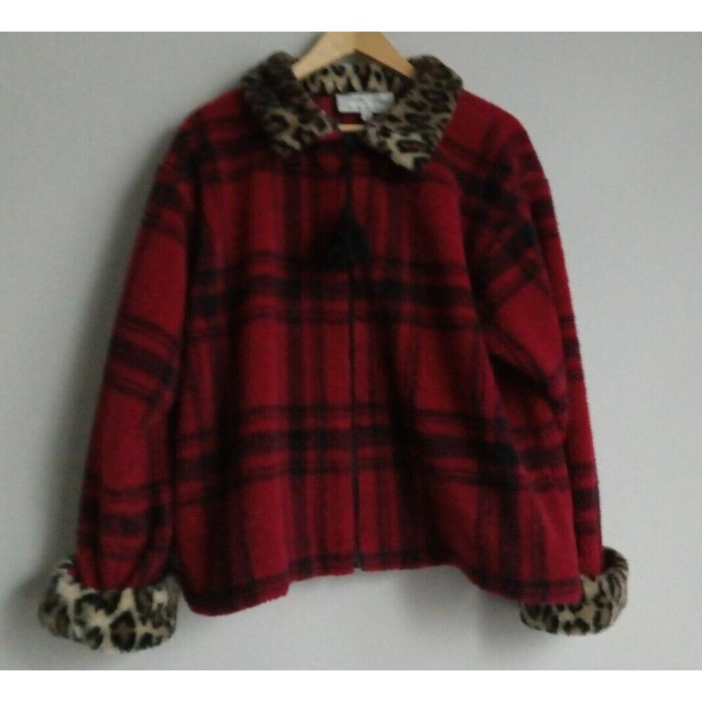 Tasha Polizzi Buffalo Plaid Fleece Jacket Red Black Faux Fur Trim Women Large